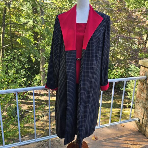 80s Wmns Perceptions Red Black Check Vtg Midi Dress Blazer Suit Set Outfit 14W - Picture 1 of 10